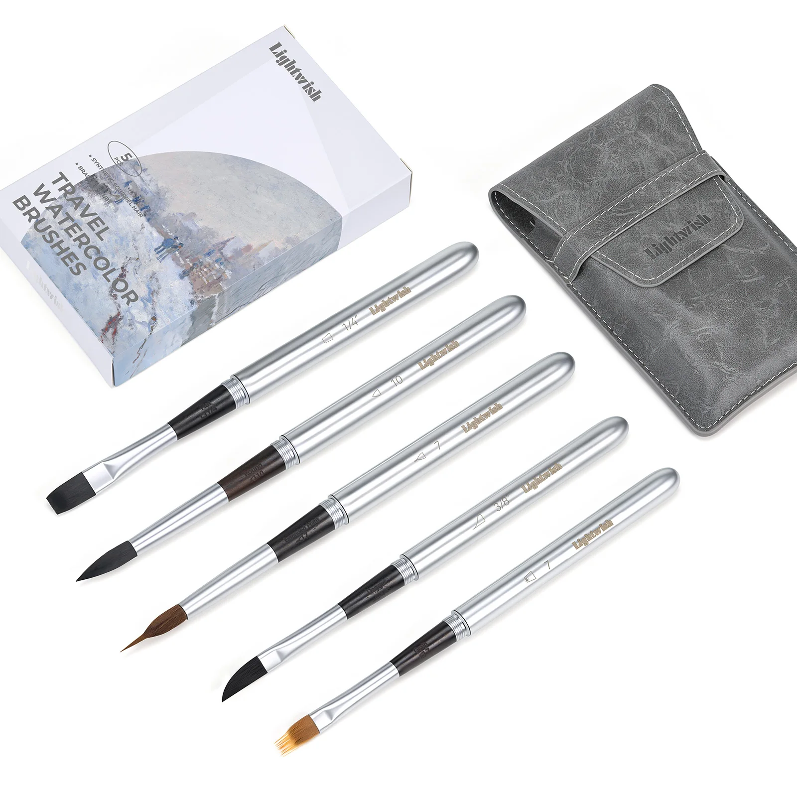 Lightwish Travel Watercolor Brushes, 5 Pcs Synthetic Squirrel Hair Brushes Leather Storage Pouch