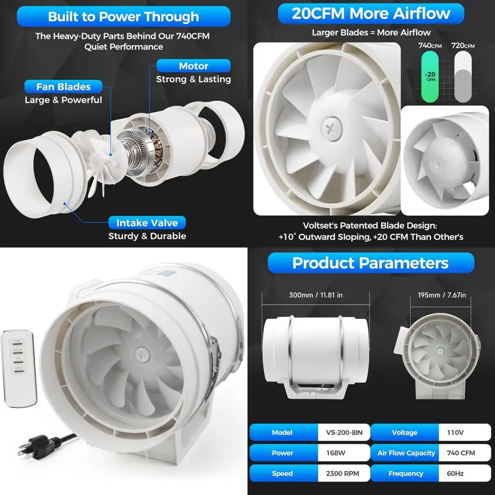 

8 Inline Ventilation Exhaust Fan with Remote Control, 740cm Duct Intake for High-Efficiency Air Ventilation in Bathrooms, Kitche