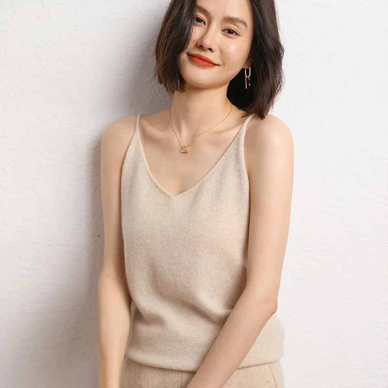 V-Neck 100% Cashmere Camisole Knitted Vest With Solid Color Base Sexy Knitted Sweater Warm And Soft Cashmere Underwear For Women