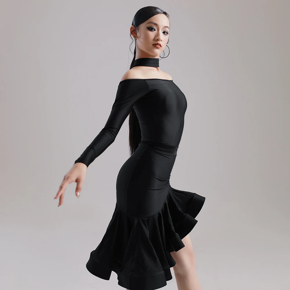 VENNY Latin dance dress new professional separate long sleeve neck black fashion training dress female adult