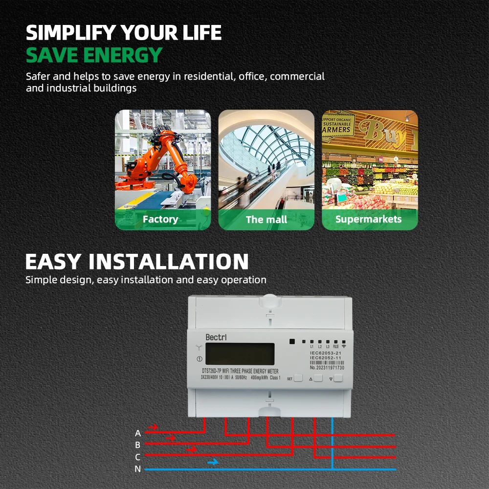 DTS726 7P WIFI 3 Phase Din Rail Tuya 50/60Hz 3*120V 3*220V 3*230V WIFI Smart Energy Meter Timer Power Consumption Monitor