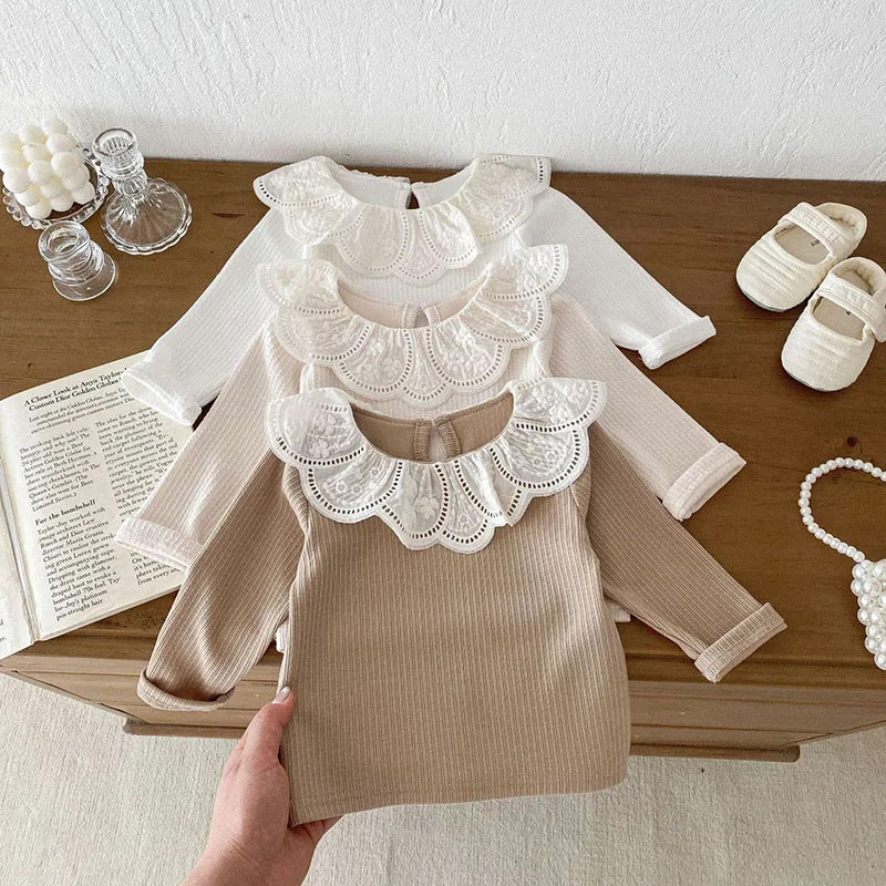 MILANCEL 2024 Autumn New Baby Blouse 0-3Y Sweet Lace Lotus Leaf Collar Girl\'s Shirt Toddler Long Sleeve Base T-shirt