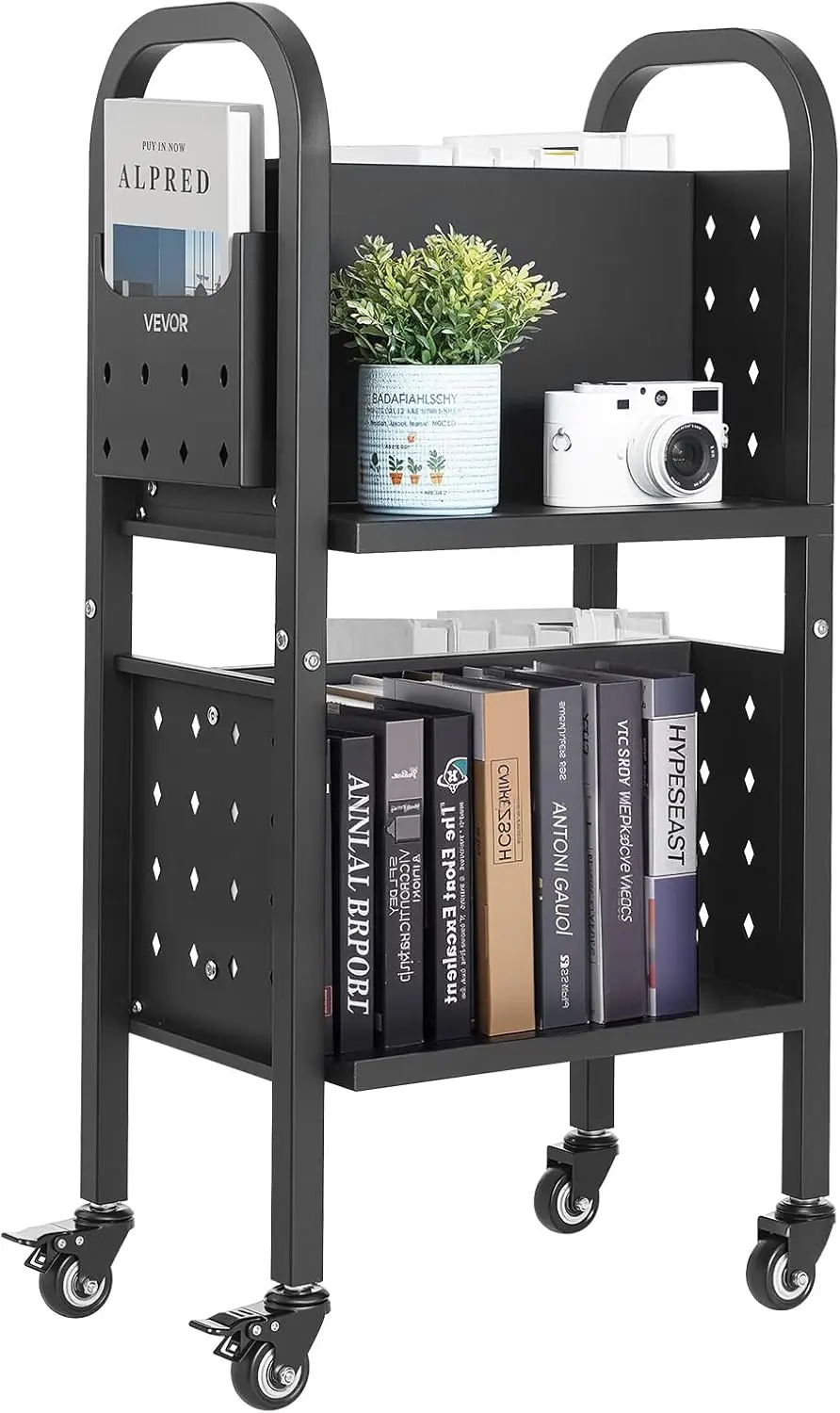 

Rolling Library Book Cart with 150 lbs Capacity, Double Sided L-Shaped Shelves, Lockable Wheels for Home Office School, Black