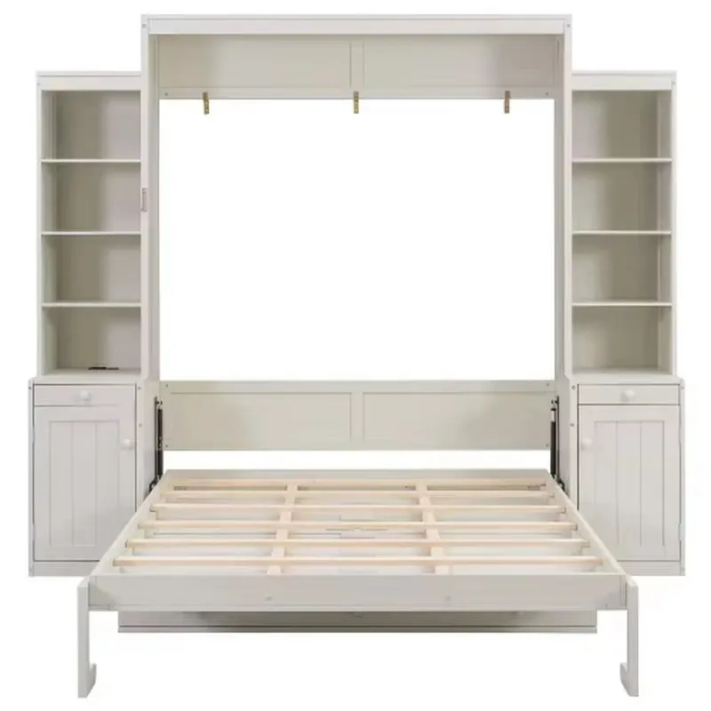 Queen Modern Solid Wood Murphy Bed with Desk Storage Space Saving Wall Bed Cabinets Drawers White