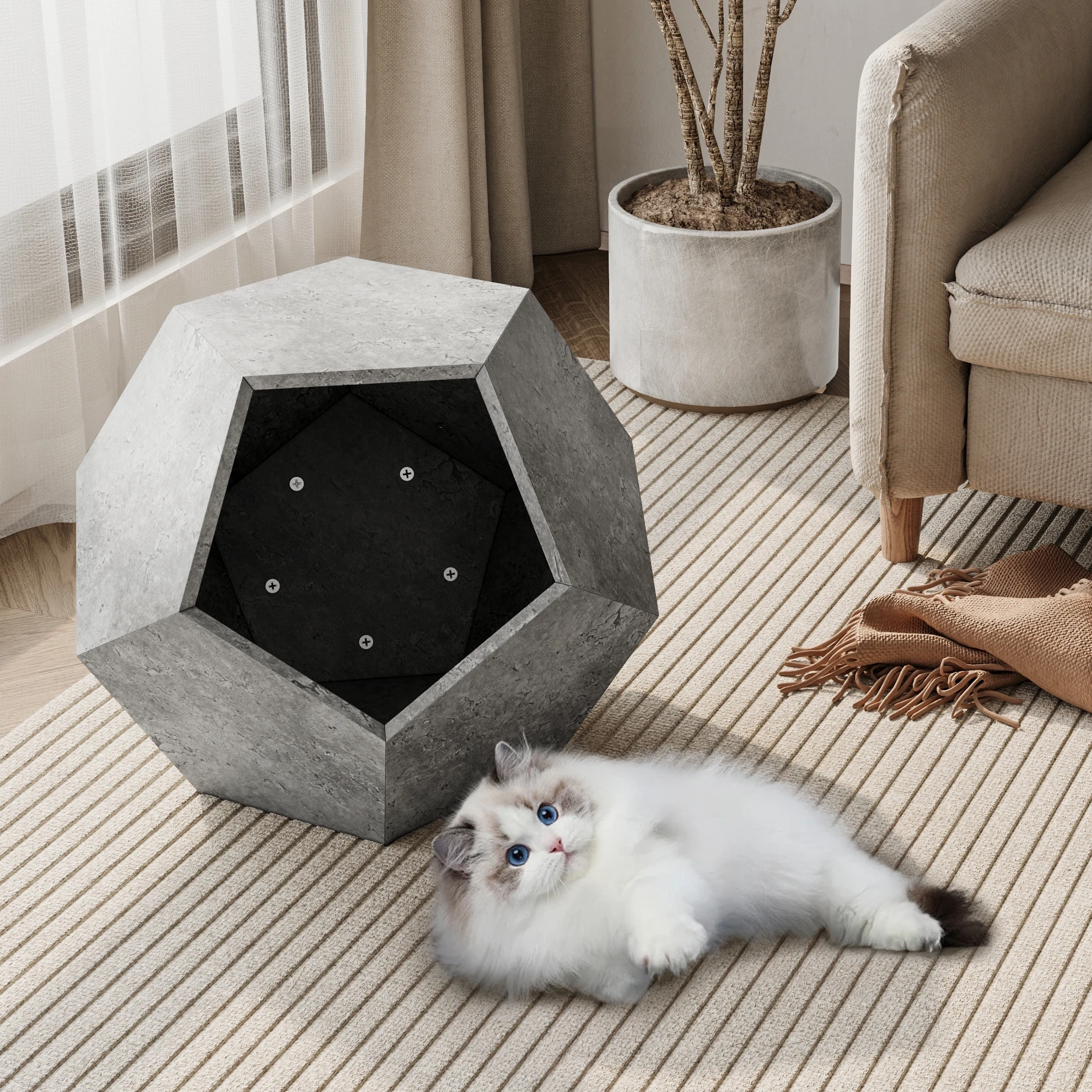 

25.98"Modern Pet Furniture Cat Carrier Side Table, Sofa Side Table, Planter MDF Multifunctional Furniture, Cement Gray