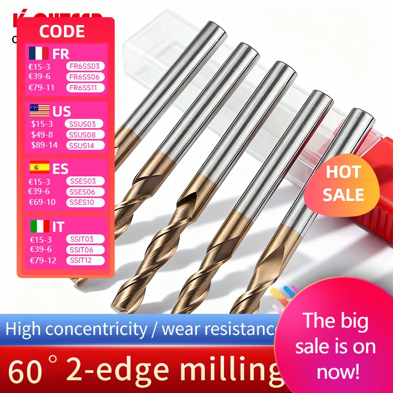 

HRC60 Carbide End Mill Kit 2 Flute Tungsten Steel Milling Cutter 1-20mm Alloy Coating CNC Machining Milling Machine Tools