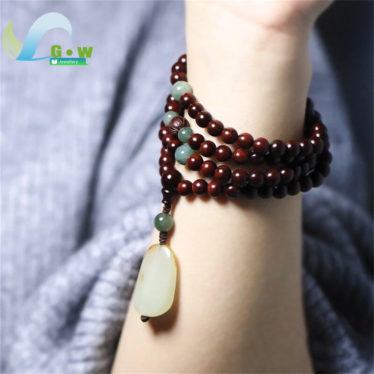 Natural Indian Small Leaf Red Sandalwood Bracelet 108 Buddhist Beads Antique Woven Jewelry Men Women's Bangle Hotan Jade Pendant