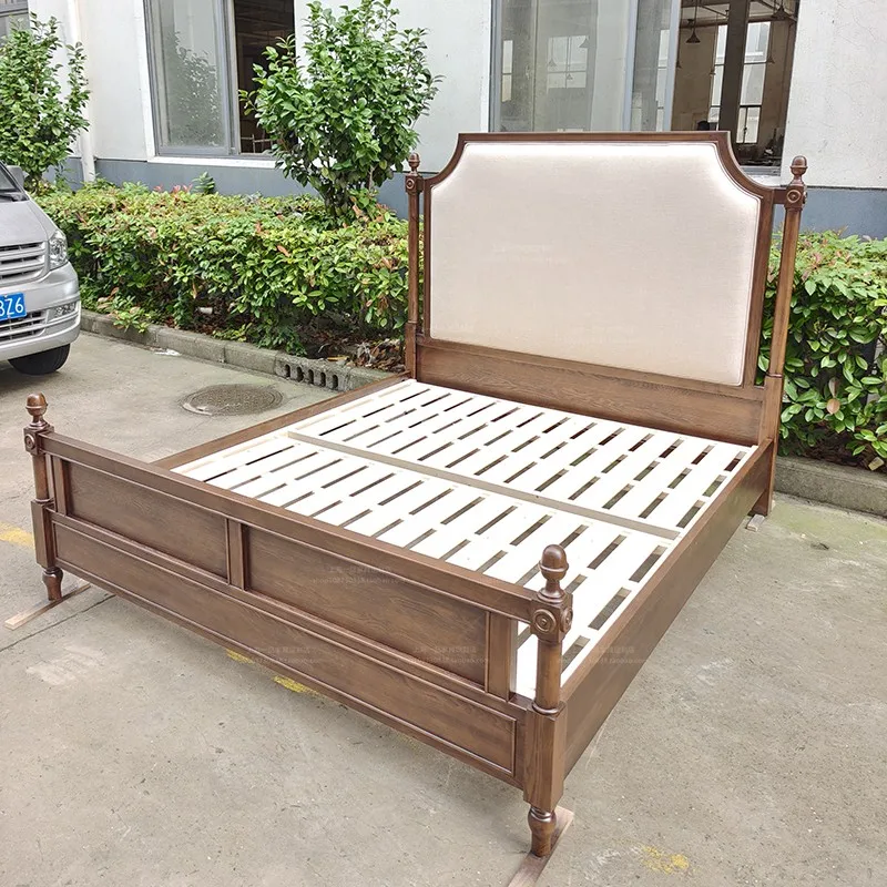 *&French-Style 1.8m Double Antique Solid Wood Home Columns American-Style Fabric Soft Bed Modern Master Bedroom High-Back Bed