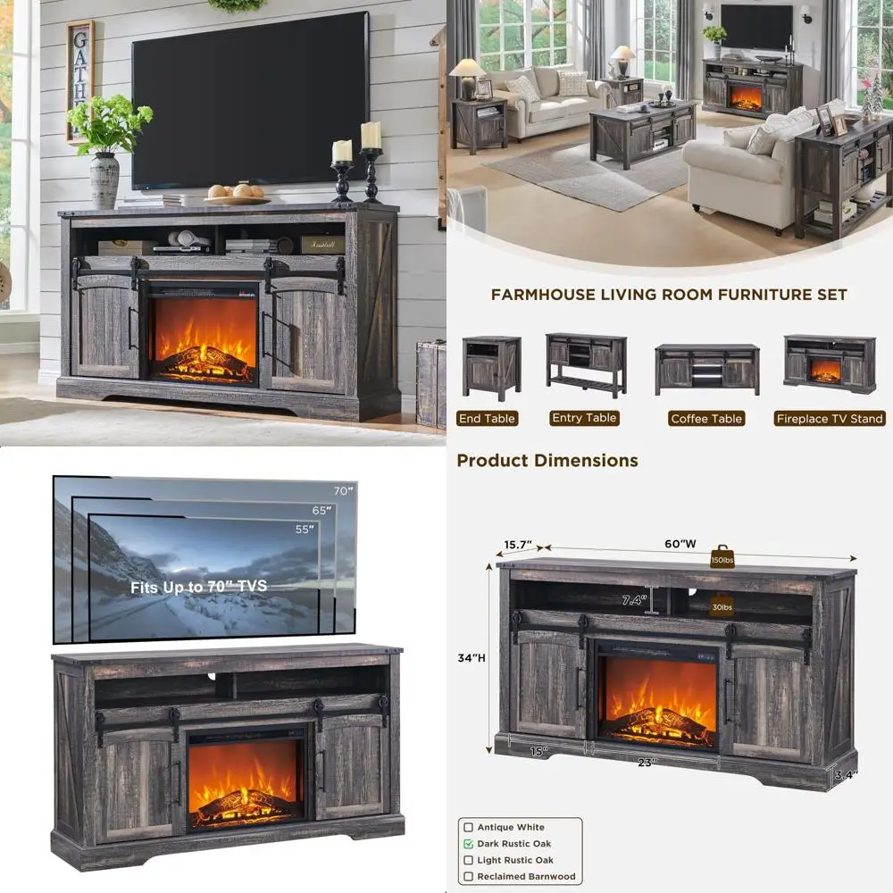 

Rustic 70 Inch TV Fireplace Entertainment Center, 33 Inches Tall Media Console with Electric Fireplace