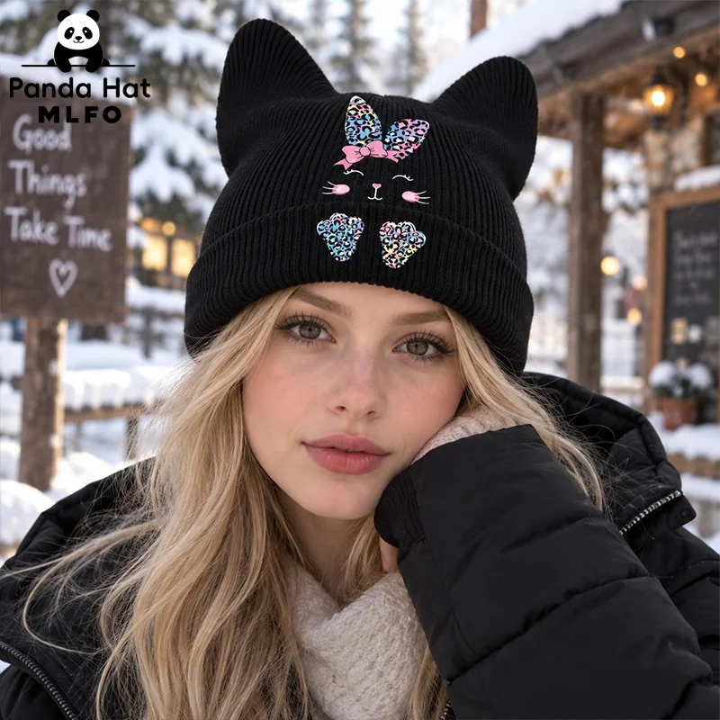 Cute Playful Cat Ear Beanie, Leopard Bow Bunny Face Print, For Daily Casual Wear, Holiday Weekend & Friend Gathering