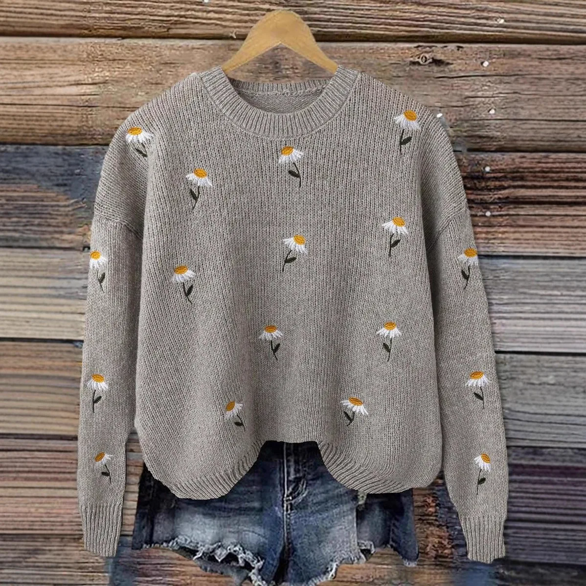 

2025 autumn and winter new round neck flower pattern pullover knitted sweater women's sweater jacket knitted sweater