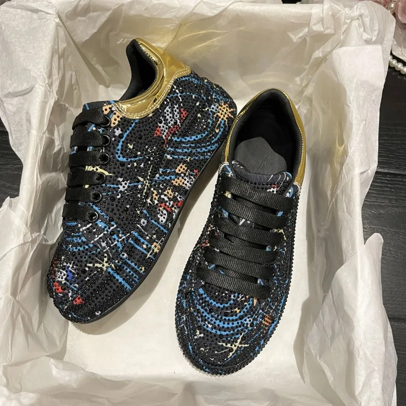 

Женская повседневная обувь с блестящими водными бриллиантами и граффити, модные нескользящие дизайнерские кроссовки на толстой подошве, роскошные туфли на плоской подошве