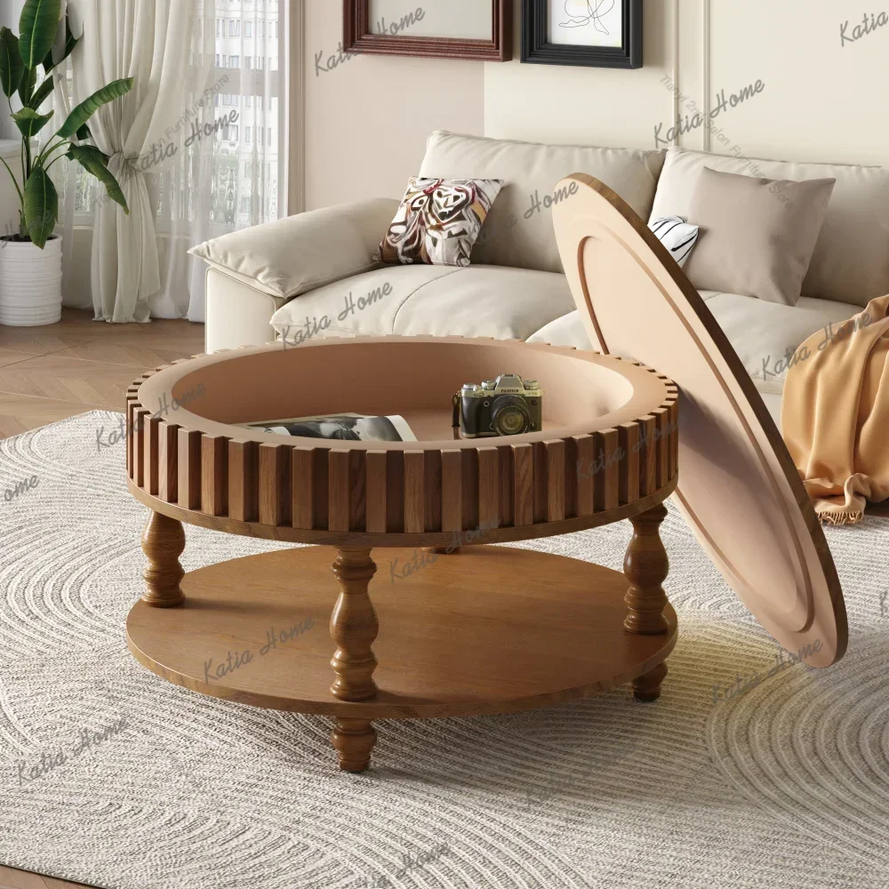 LSFarmhouse Fluted Coffee Table with Storage and Flip-Top Lids, Rustic Brown Center Table for Living Room Spacious Hidden Storag