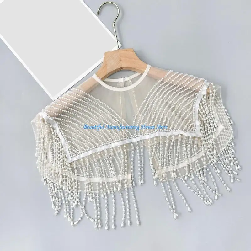 E56A Decorative Collar With Beadwork Pearls and Elegant Tassels Fashion Neckpiece