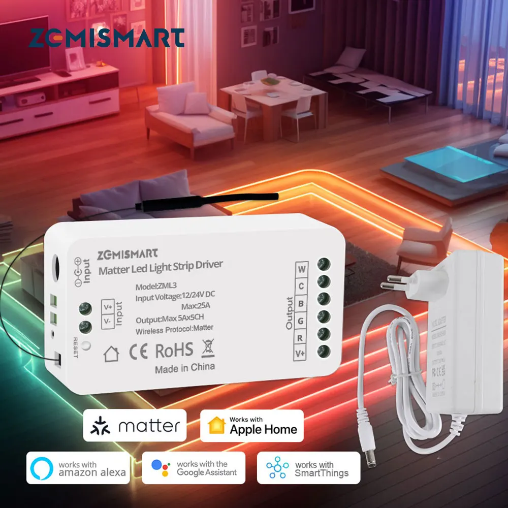 Matter Over WiFi LED Strip Light Controller RGBCW Smart Led Driver Funciona com Homekit Smartthings Alexa Google Home App