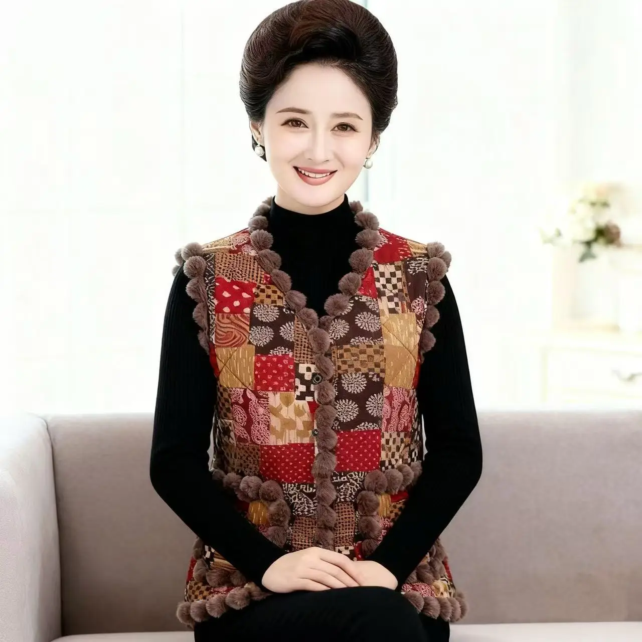 جديد النمط الصيني سترة القمم المرأة الخريف الشتاء معطف بلا أكمام الأمهات في منتصف العمر خمر موضة رشاقته المخملية سترة الإناث #2