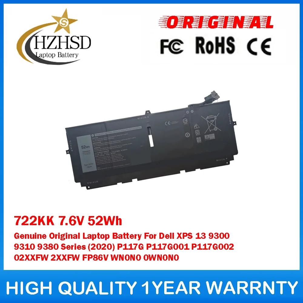 722KK 7.6V 52Wh Genuine Original Laptop Battery For Dell XPS 13 9300 9310 9380 Series(2020) P117G P117G001 P117G002 02XXFW 2XXFW