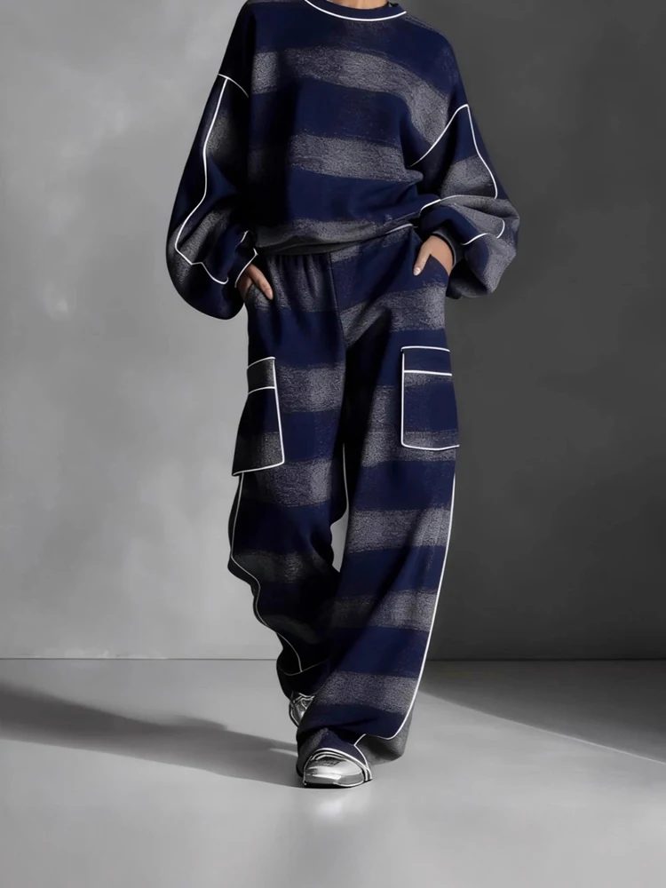 

Elegant Contrast Plaid Print Loose Suit Fashion O-neck Sweatshirt Tops & Pant Set Women's Casual Long Sleeve Pocket 2Pc Outfits