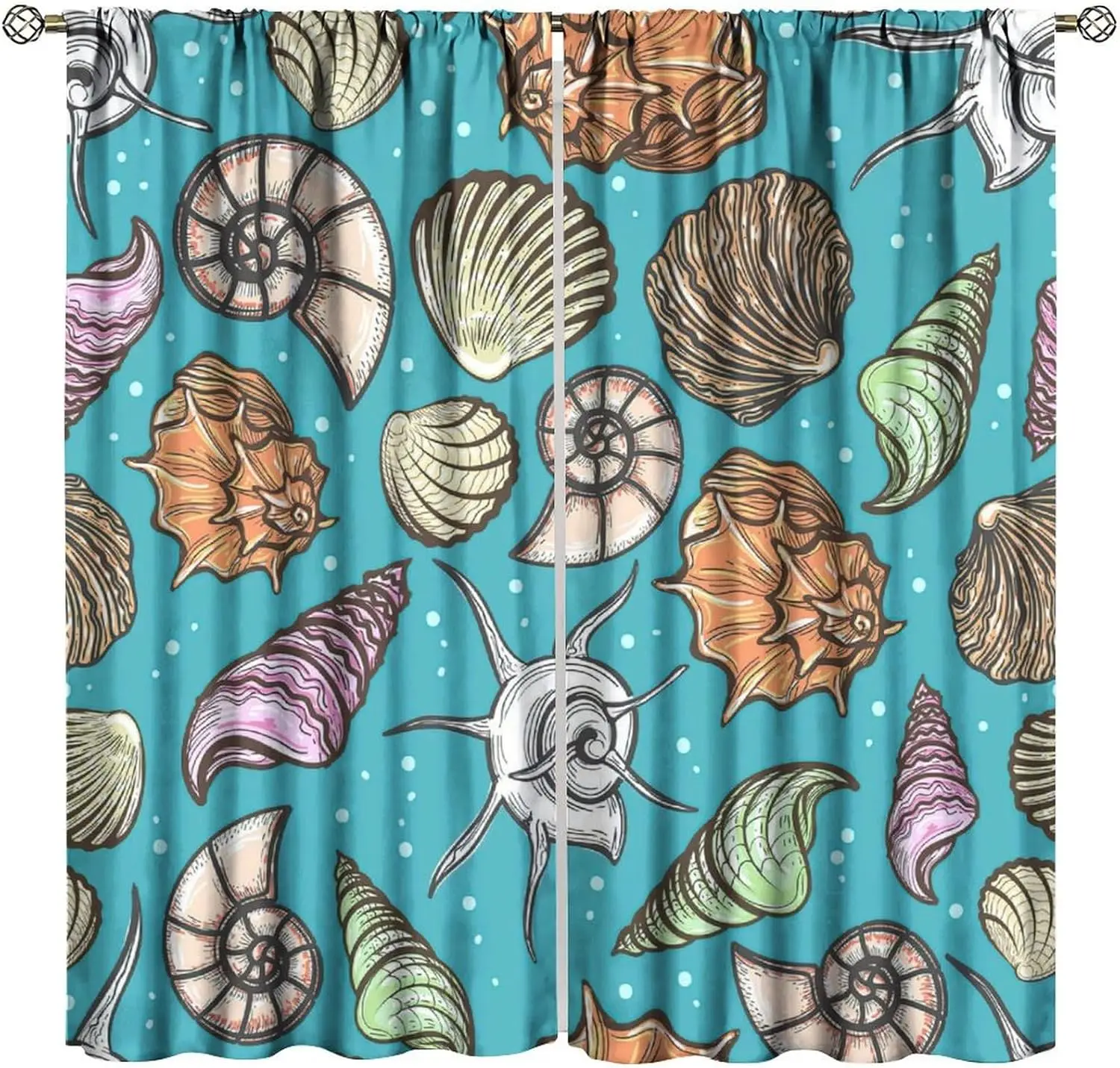 Coastal Beach Ocean Blackout Window Curtains, Nautical Ocean Beach Sea Shells Themed Window Drapes, for Living Room Bedroom