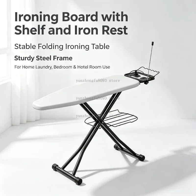 Ironing Board with Shelf and Iron Rest, Stable Folding Ironing Table, Sturdy Steel Frame for Laundry, Bedroom & Hotel Room Use