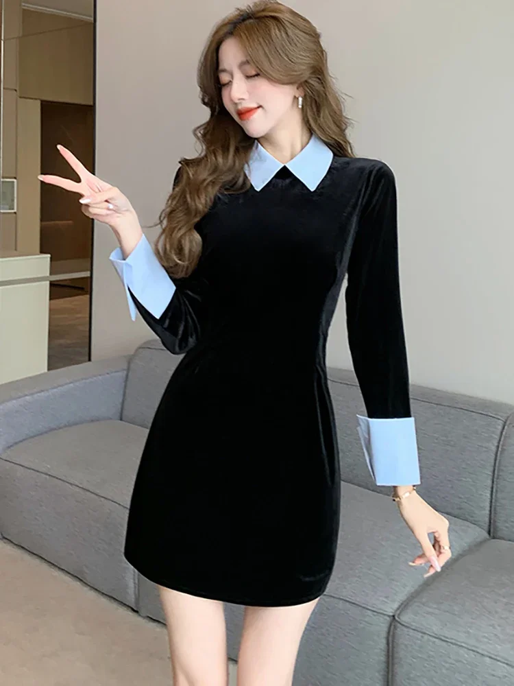 Women Korean Vintage Hepburn A-Line Short Dress Autumn Winter Black Velvet Polo Collar Dress 2024 Elegant Casual Party Vestidos