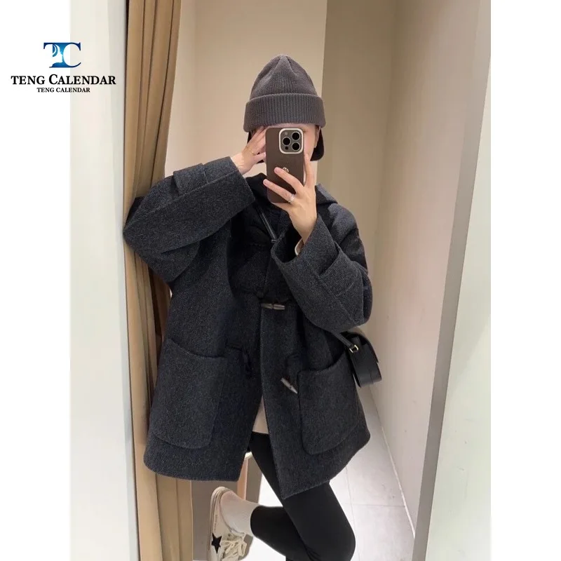 Short Wool Jacket for Women, Bull Horn Button, Thick Jacket, High-end Small Figure, Autumn and Winter Series, New Series, 2024