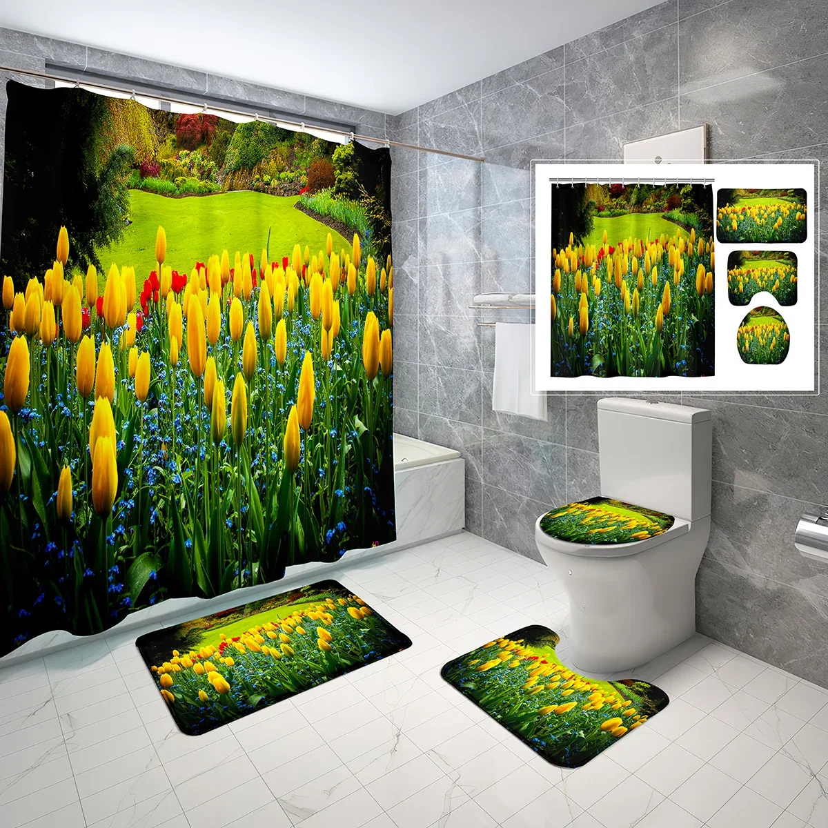 4 Pcs Garden Shower Curtain Set Flowers Green Plants Grass Bathroom Non-Slip Bath Mat Waterproof Shower Curtain Toilet Cover Set