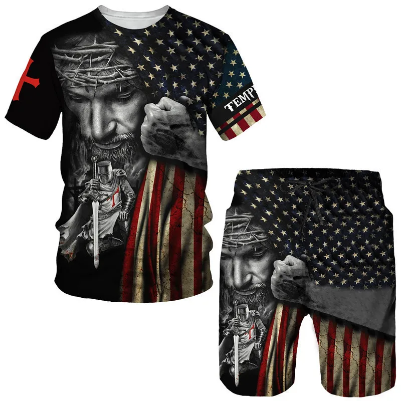 Neue Ritter Templer 3D-Druck Herren T-Shirt-Sets coole Streetwear Retro lässige T-Shirt Shorts zweiteilige Set übergroße Mann Kleidung