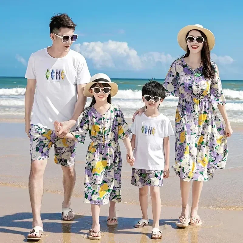 

2025 Family Clothes Father and Son Boy Matching T Shirts Two Piece Outfits Sets Mother and Daughter Girl Dress Vacation Summer