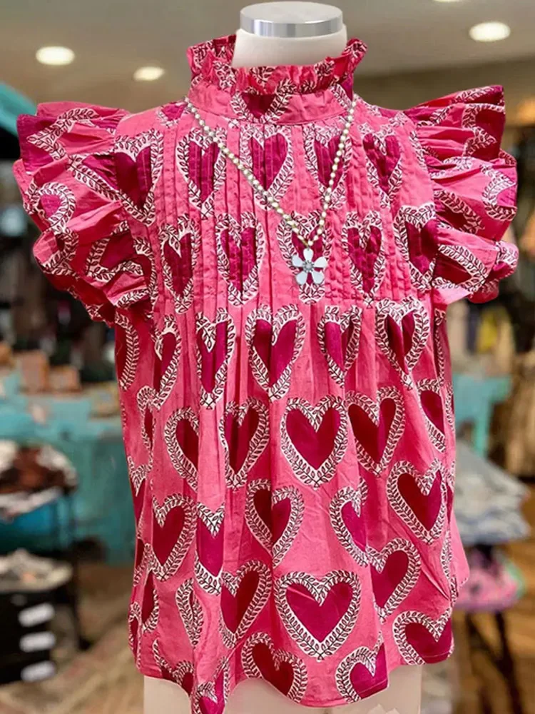 Valentine Day Pink Heart Printed Flounce Sleeve Blouse  Heart Pleated Ruffle Sleeve Top Beautiful Pleated Top O Neck Women Shirt