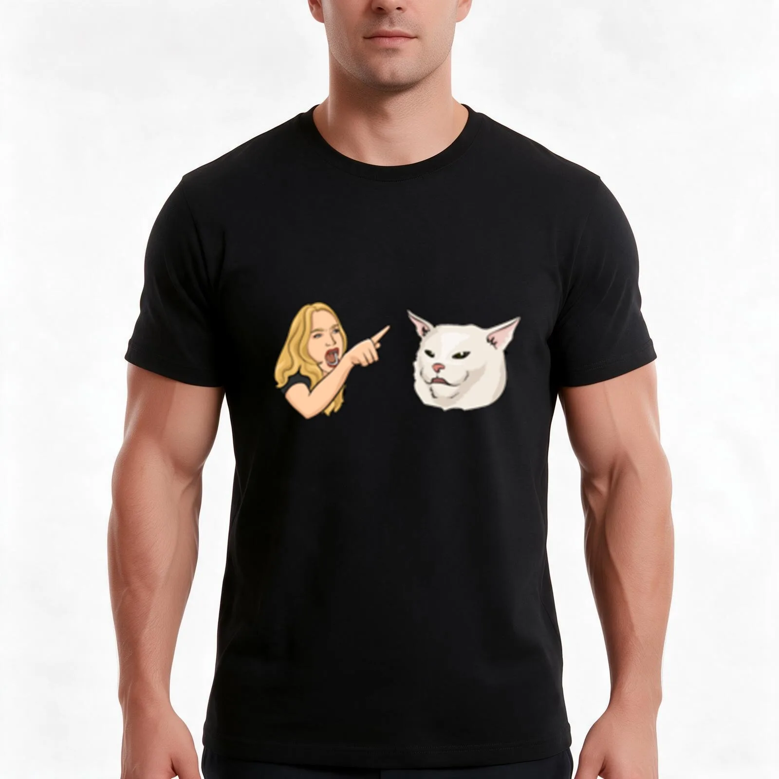 Woman Yelling At Confused Cat T-Shirt, Summer Casual Cotton Tee, Oversized Streetwear Tops, Vintage Graphic Print, 100% Cotton