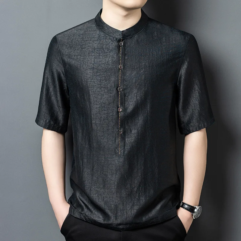 

Real Silk Men's Gambiered Guangdong Crack Short-Sleeved Shirt Middle-Aged Leisure Fashion Double-Sided Wearable Top Clothing