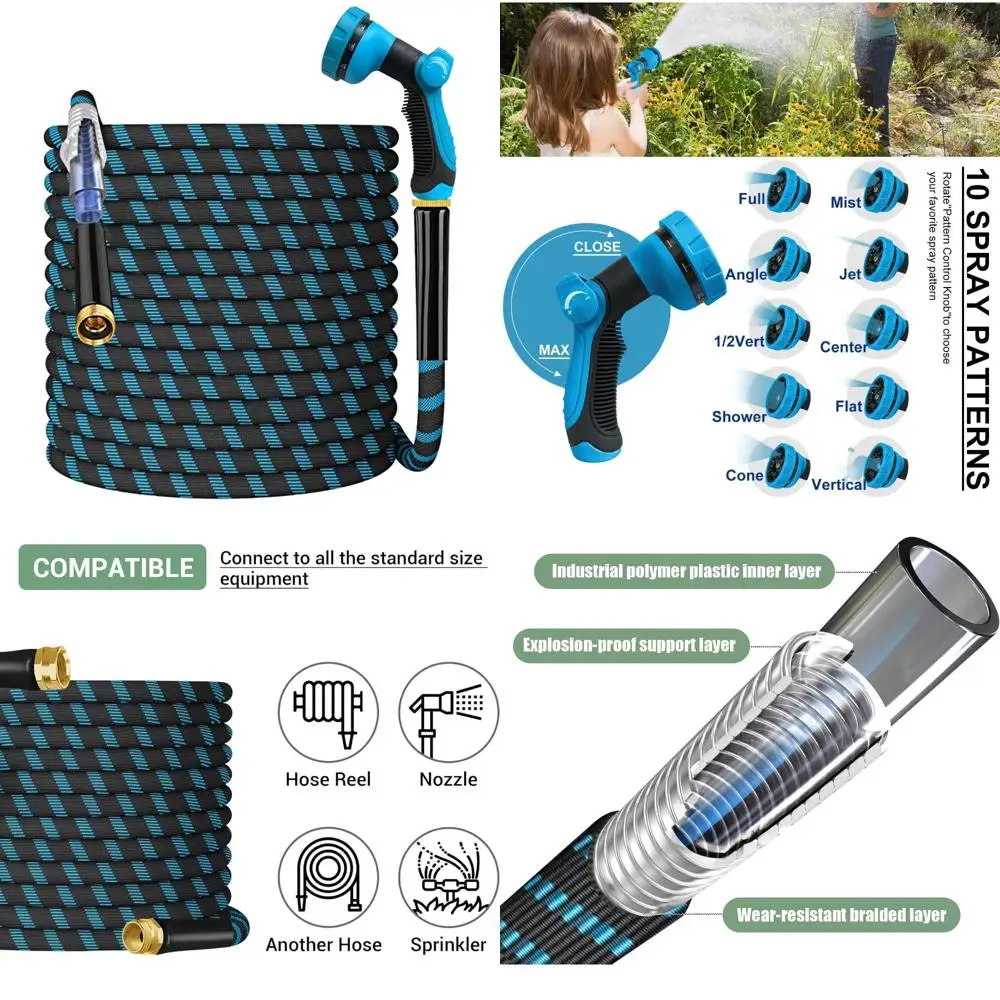 

Гибкий легкий нескользящий садовый шланг длиной 150 футов с насадкой с 10 узорами и прочными металлическими разъемами 3/4 дюйма для уличной воды