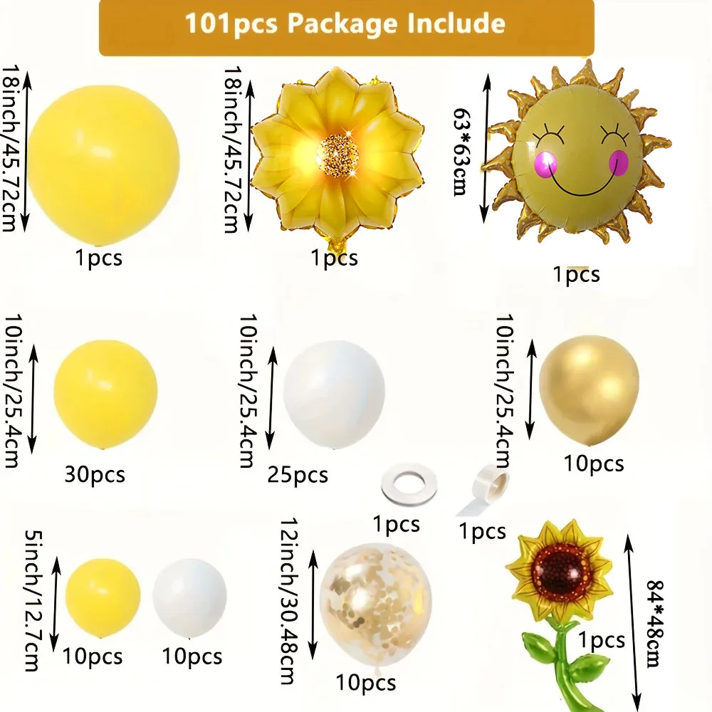 101Pcs Sunflower Theme Yellow Balloon Set, Vibrant Floral Balloon Pack for Spring Party, Wedding Backdrop, Birthday Party