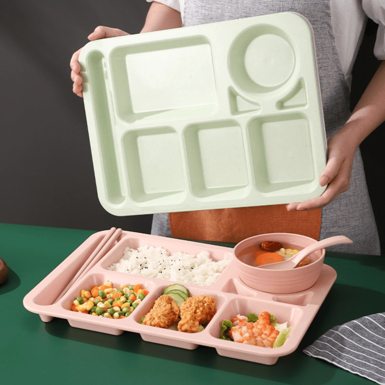 Eco-Friendly Wheat Straw Divided Plate Set - Durable, Anti-Drop Fast Food & Cafeteria Serving Tray For Students And  Use