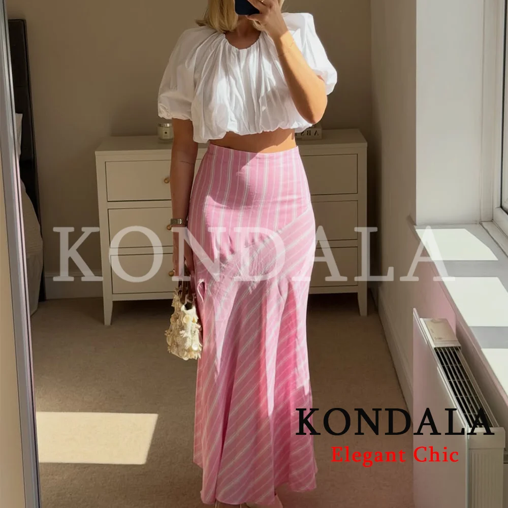KONDALA Trendy Striped Holiday Asymmetric Skirt New 2026 Spring Summer Split Midi Skirt Women Elegant Casual Beach Party Skirt