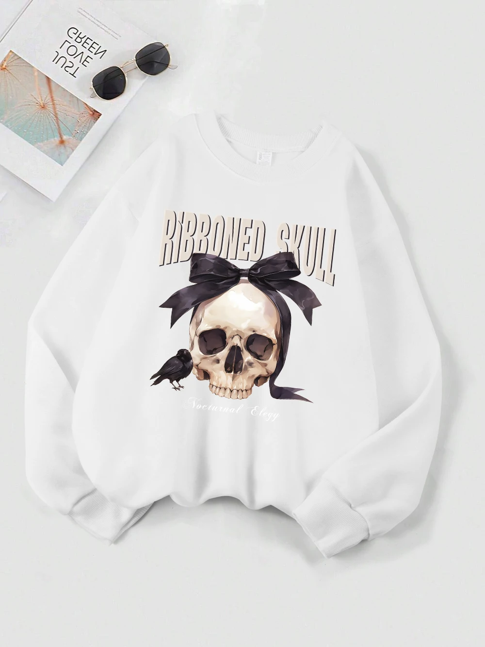 Crânio com fita estampas moletom feminino solto casual hoodies velo quente crewneck roupas de inverno confortável pulôver da mulher