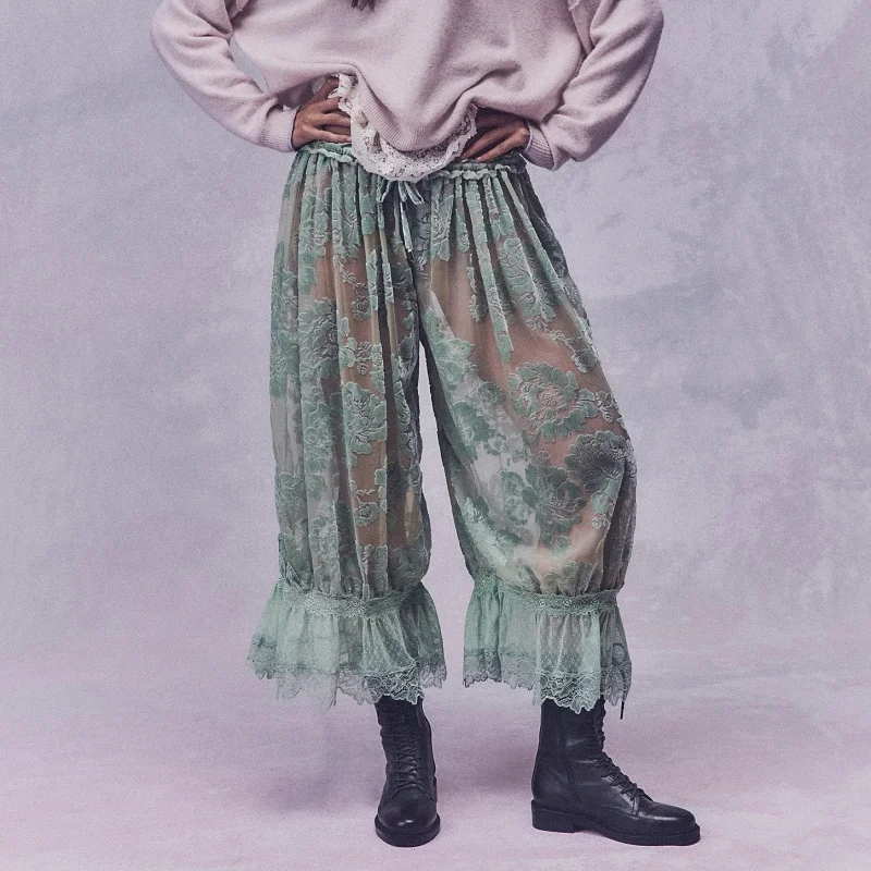 

Женские длинные шаровары Y2k, прозрачные широкие брюки с кружевной отделкой и цветочным принтом, милые капри с рюшами, пижамные штаны