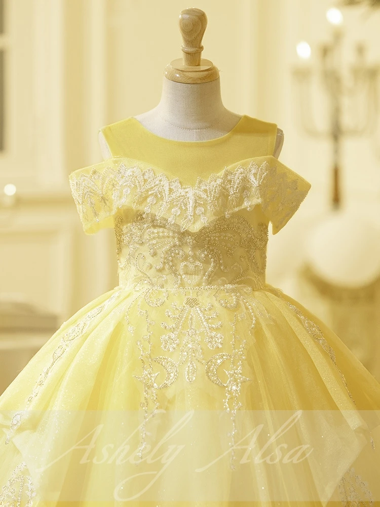 Real Picture Original Design Yellow GIrl Birthday Party Occasio Dresses Off Shoulder Applique Children Wedding Formal Dress 2025