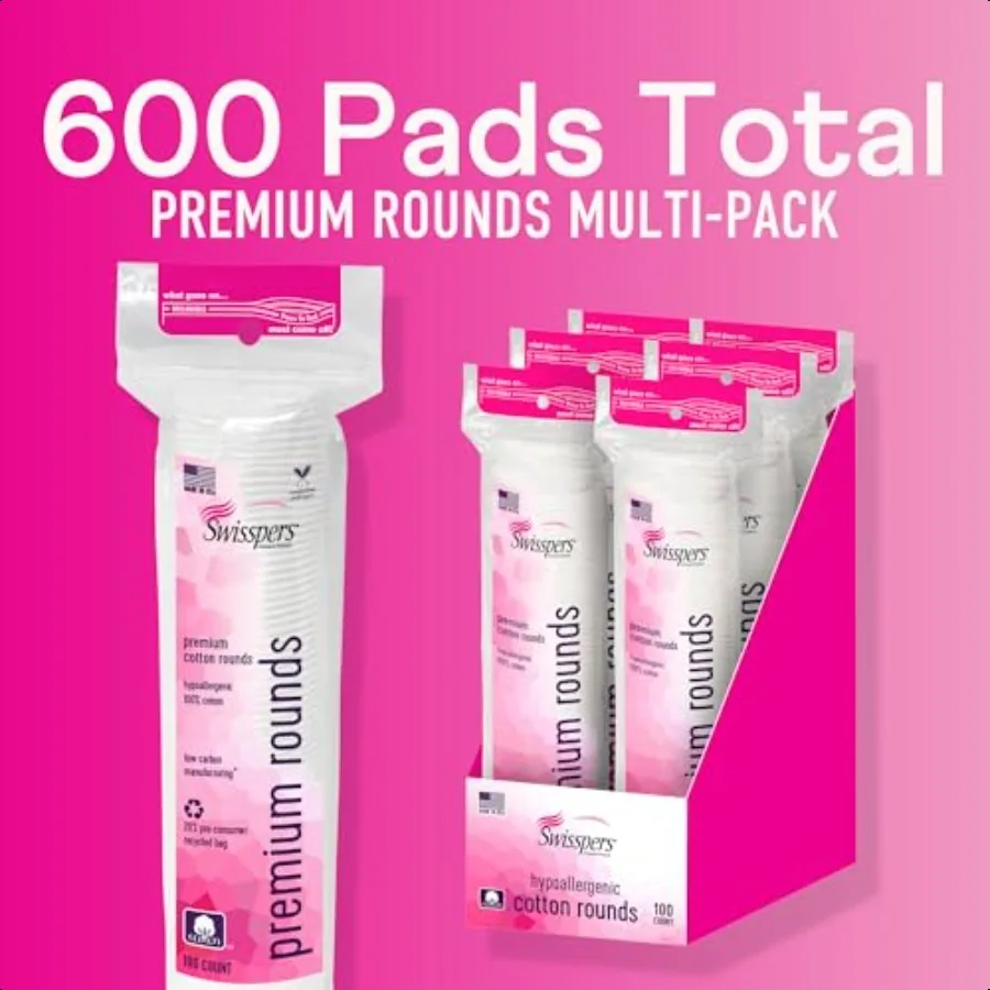 Swisspers Premium Cotton Rounds 100 Count Pack of 6 100 Pure Cotton Soft Absorbent Hypoallergenic Pads for Makeup Removal Skinc