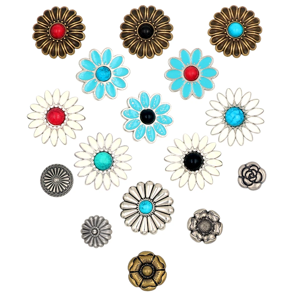 16Pcs Metal Flower Shoes Charms Detachable Shoes Accessories Pines Simulated Turquoise Kawaii Vintage Clogs Hole Sandals Adornos view 5