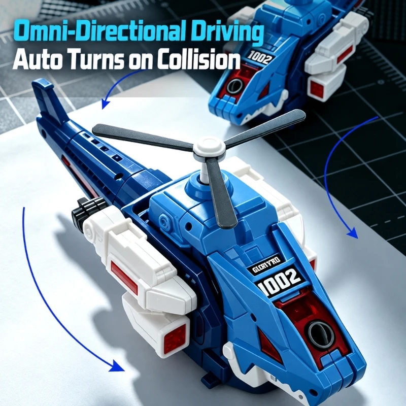  Transforming Helicopter Toy with 3 Forms, LED Lights, and Sprays Automatic Bump