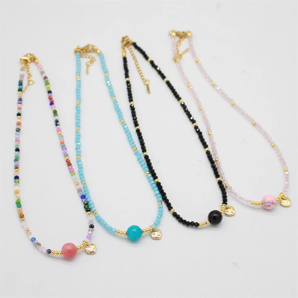 Natural Stone Crystal Choker Beads Necklace LOVE Pendant Women Agates Fluorite Lapis Bullet Clavicle Chain Jewelry Gift