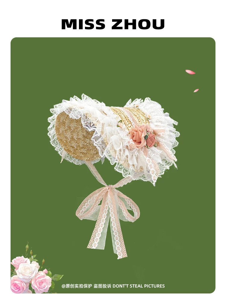 

French Style Lolita Straw Bonnet Fascinators Headwear for Women Summer Spring Dance Show Photo Shoot Derby Lace Fascinator Hat