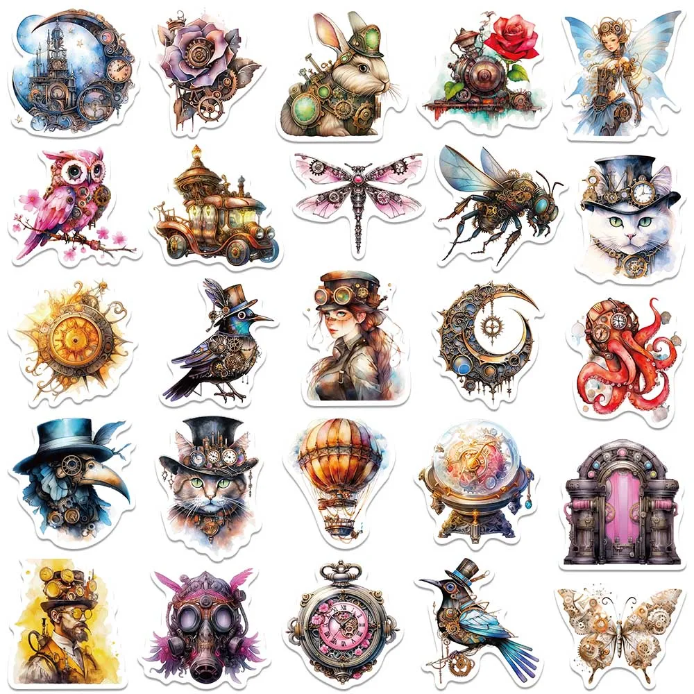 50pcs Aesthetic Watercolor Cartoon Steampunk Graffiti Stickers For Laptop Water Bottle Luggage Notebook Waterproof Vinyl Decals