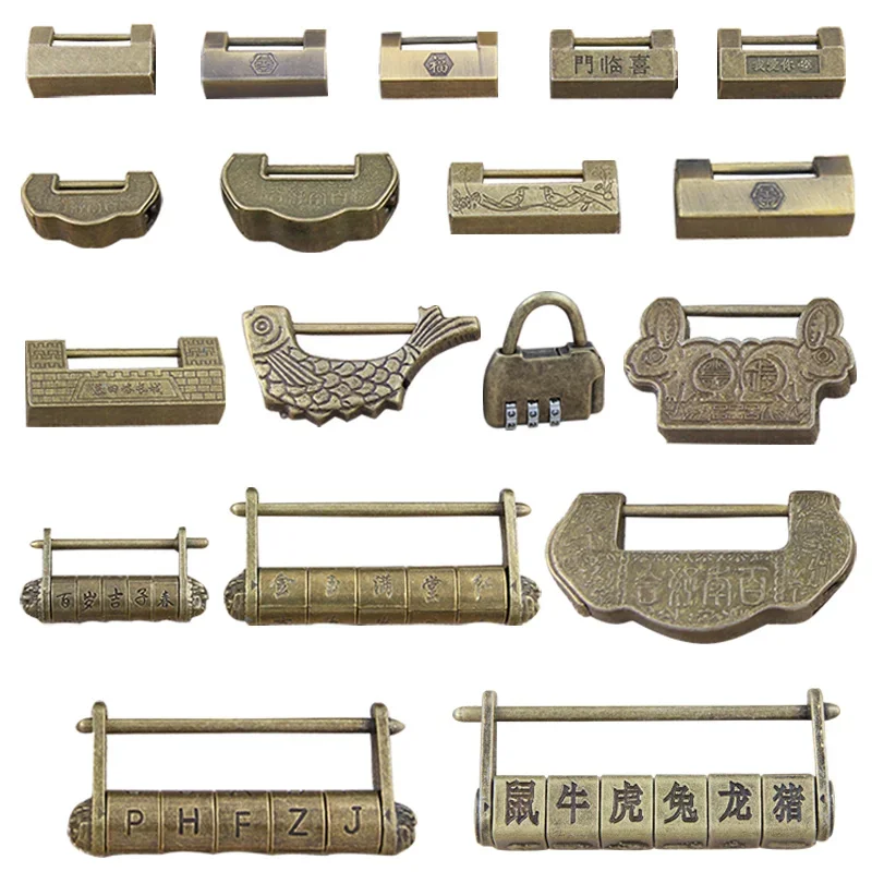 Antique lock chinese Retro Vintage Gold bronze keyed padlock Password combination locking for door wooden Jewelry box luggage