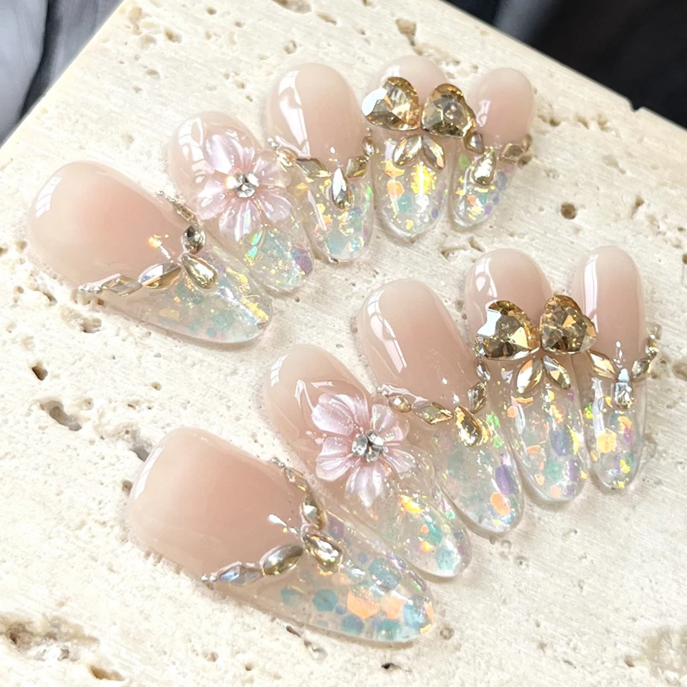 10 pçs olhos de gato artesanal longo caixão elipse imprensa francesa em unhas 3d glitter strass flores pérola gradientes cobertura completa prego