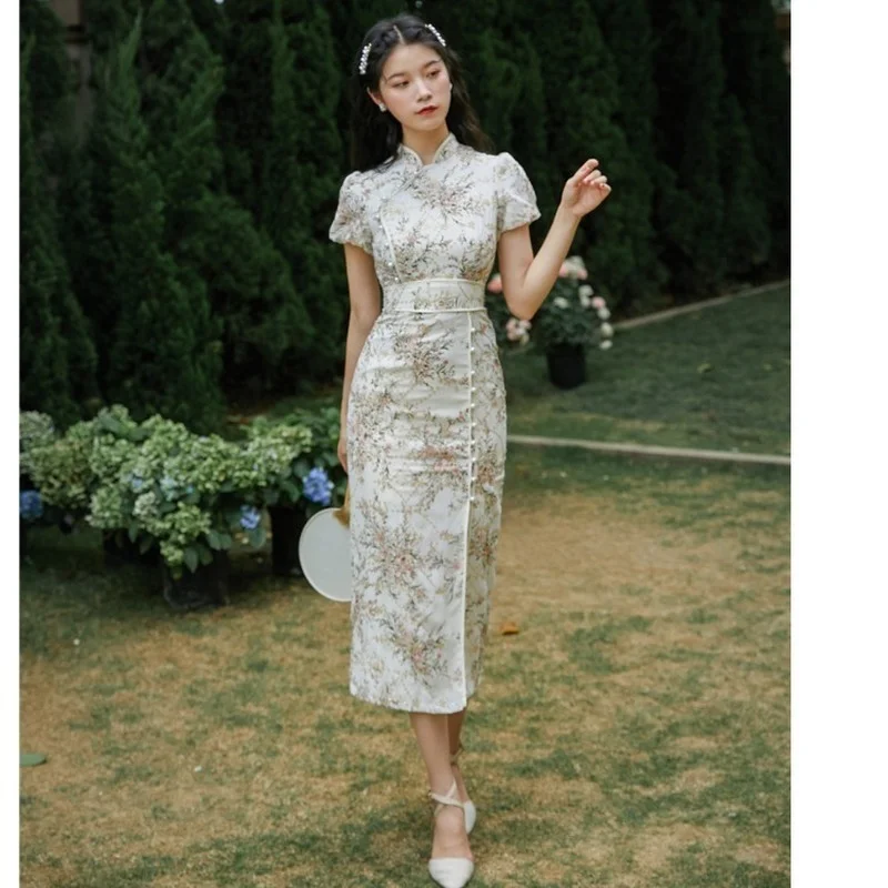 2023 여름 개선 Cheongsam 중국 전통 드레스 자수 레트로 오리엔탈 파티 꽃 Qipao 이브닝 드레스 여성용