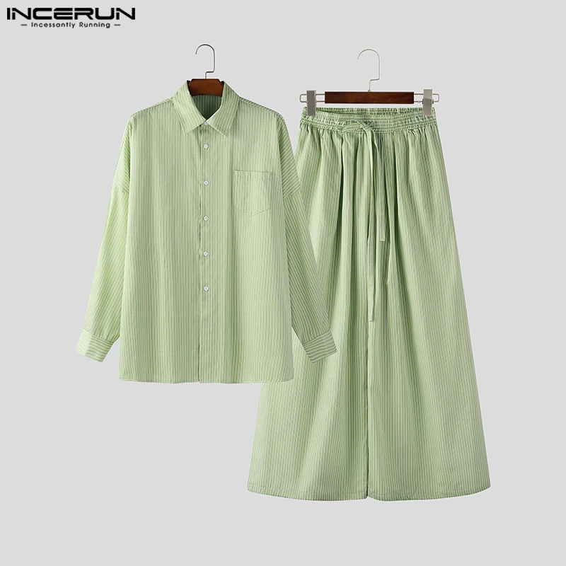 

INCERUN Men Sets Striped Loose Lapel Long Sleeve Shirt & Wide Leg Pants Two Pieces Sets Streetwear Loose 2025 Casual Men Suits