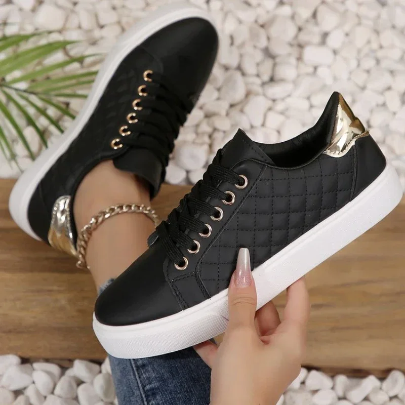 Women Quilted PU Platform Sneakers Gold Eyelets Lace-Up Low Top Lightweight Comfort Casual Shoes EU3541 Spring Autumn Zapatillas
